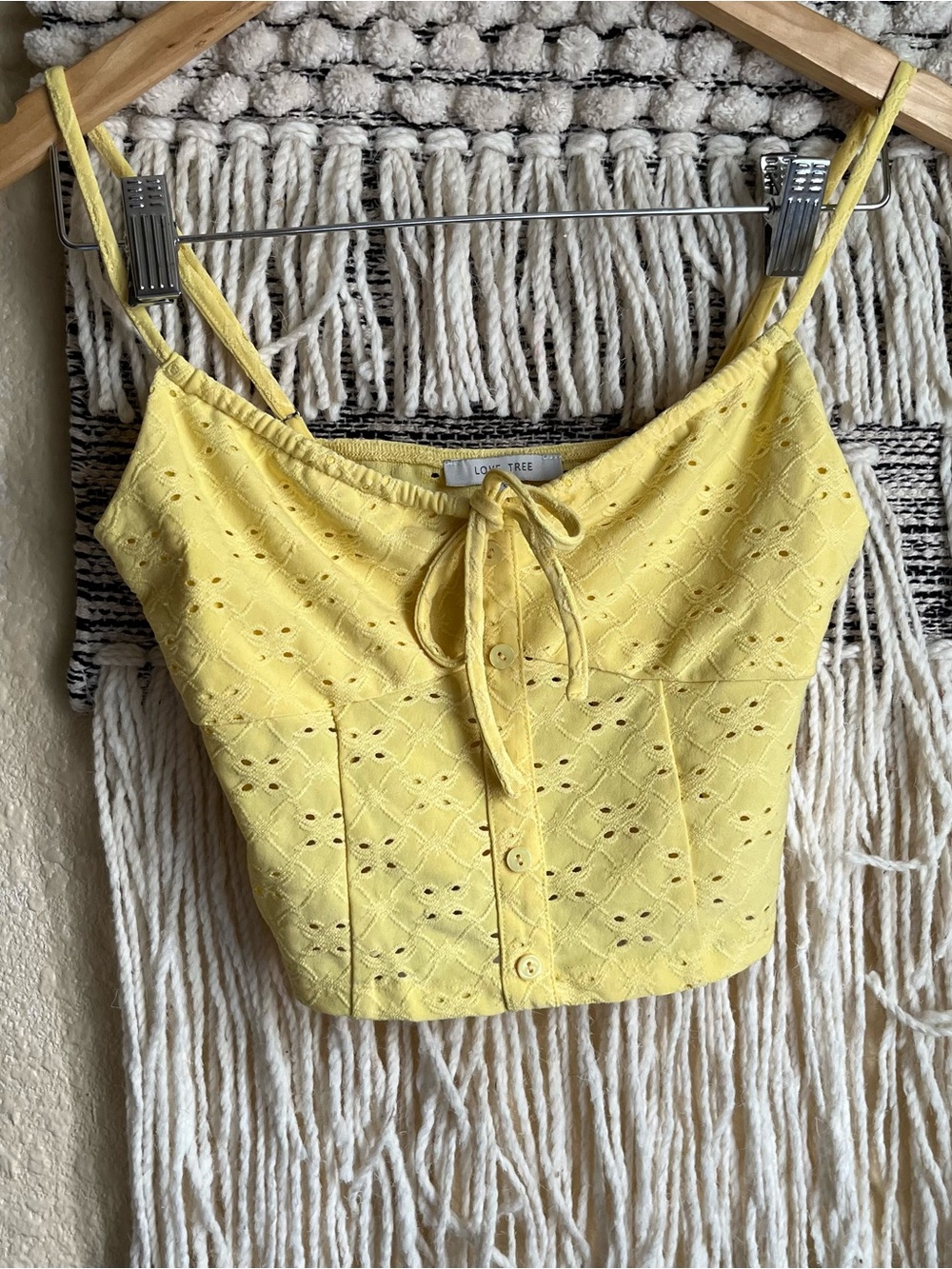 Love Tree Sunny Yellow Eyelet Tie-Front Crop Top